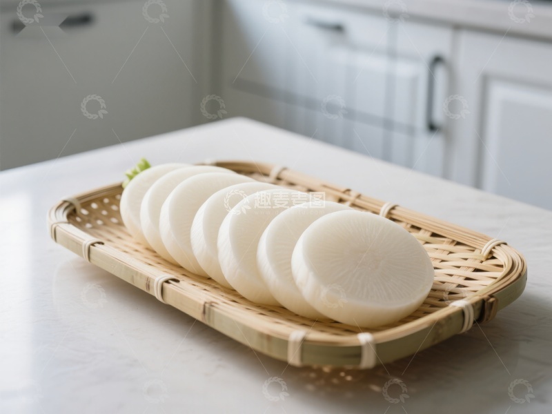 高清大图下载【趣麦麦图】切片白萝卜置于竹编托盘