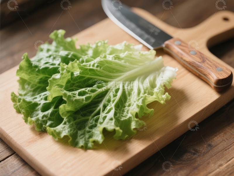 高清大图下载【趣麦麦图】新鲜生菜置于木质砧板上