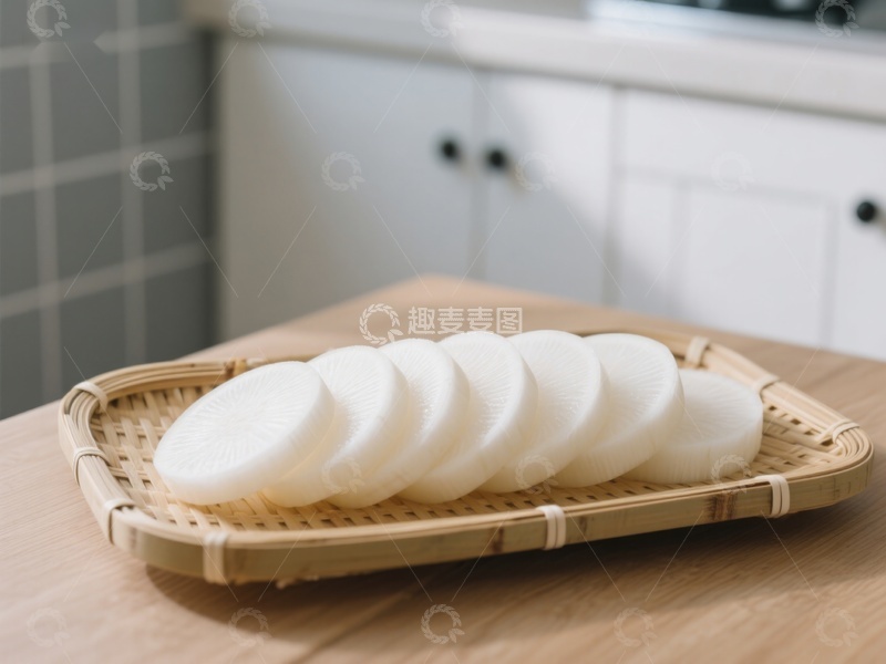 高清大图下载【趣麦麦图】竹篮中的白色圆形食品