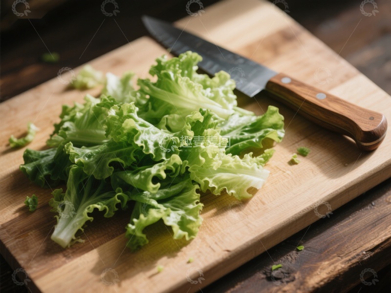 高清大图下载【趣麦麦图】新鲜生菜与刀具置于砧板上