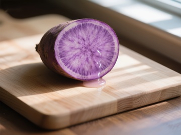 切开的紫色萝卜置于木质砧板上