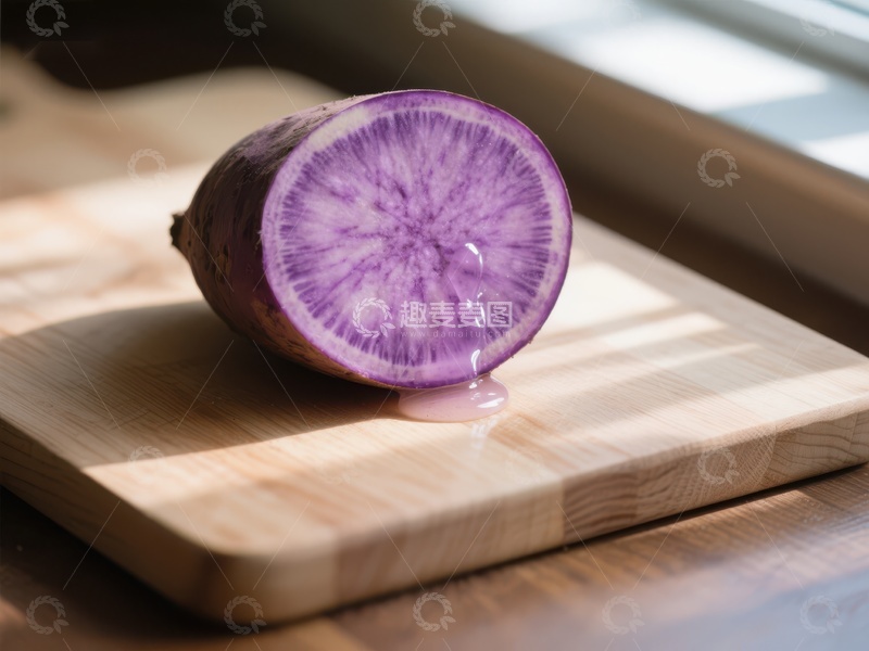 高清大图下载【趣麦麦图】切开的紫色萝卜置于木质砧板上