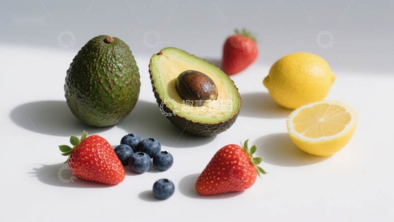 高清大图下载【趣麦麦图】新鲜水果组合：牛油果、草莓、蓝莓和柠檬