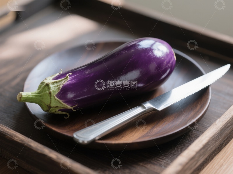 高清大图下载【趣麦麦图】盘中茄子与刀具的静物组合