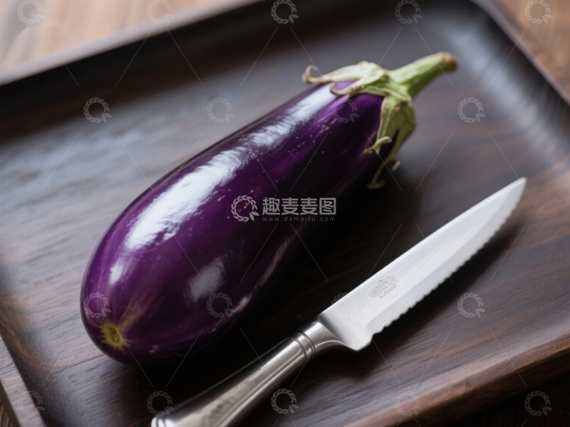 高清大图下载【趣麦麦图】紫色茄子与刀具置于木质托盘