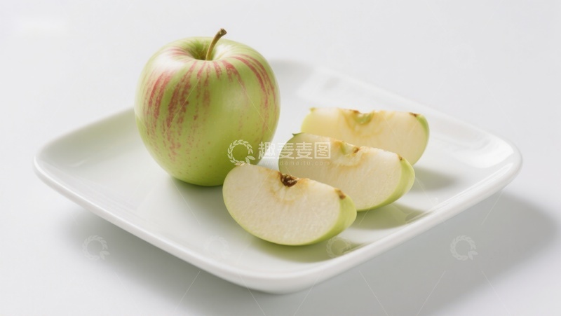高清大图下载【趣麦麦图】青红苹果与切片置于白色盘中
