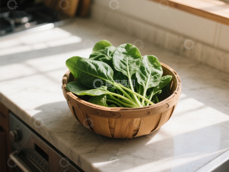高清大图下载【趣麦麦图】厨房台面上的菠菜篮