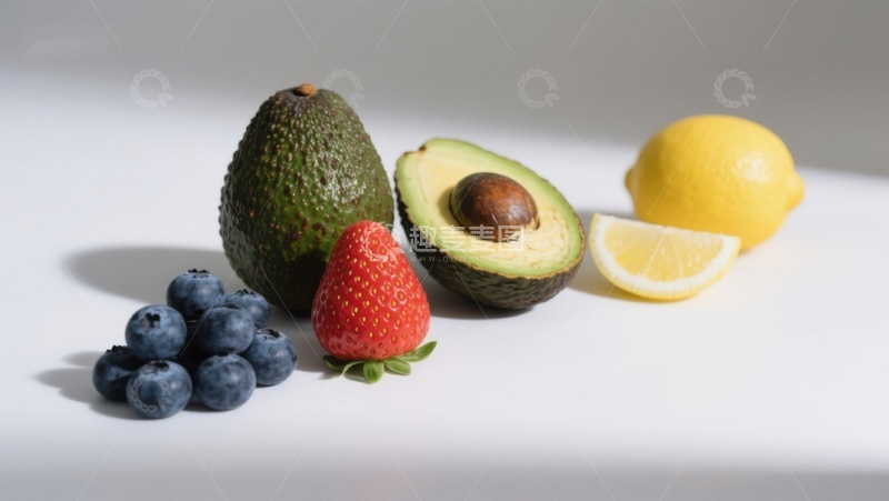 高清大图下载【趣麦麦图】新鲜水果组合：牛油果、蓝莓、草莓和柠檬