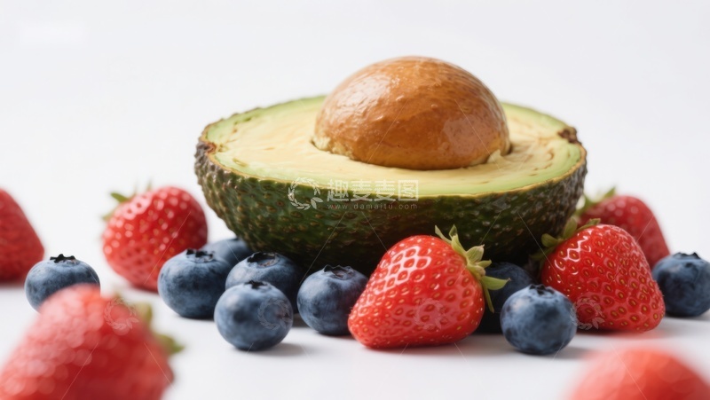 高清大图下载【趣麦麦图】新鲜水果组合：牛油果与草莓蓝莓