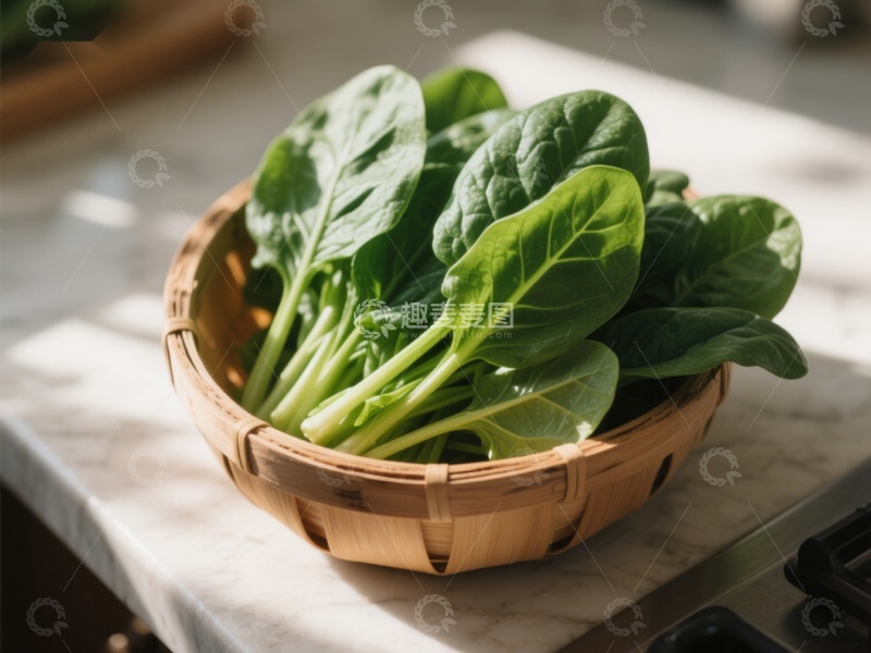 高清大图下载【趣麦麦图】竹篮中的新鲜菠菜