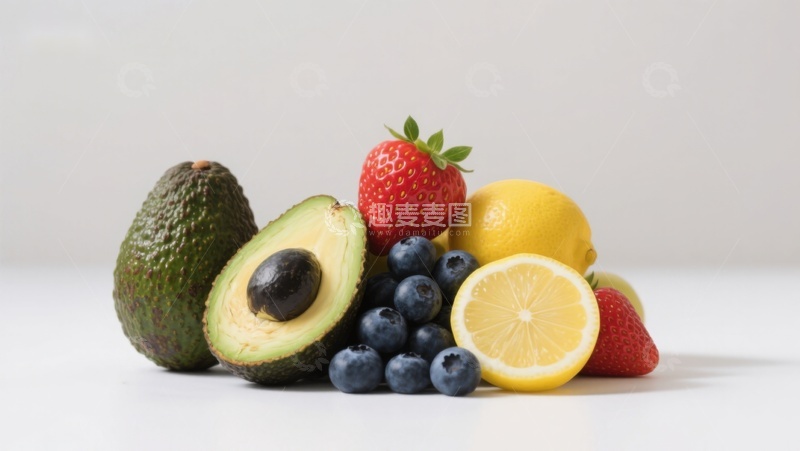 高清大图下载【趣麦麦图】新鲜水果组合：牛油果、草莓、蓝莓和柠檬