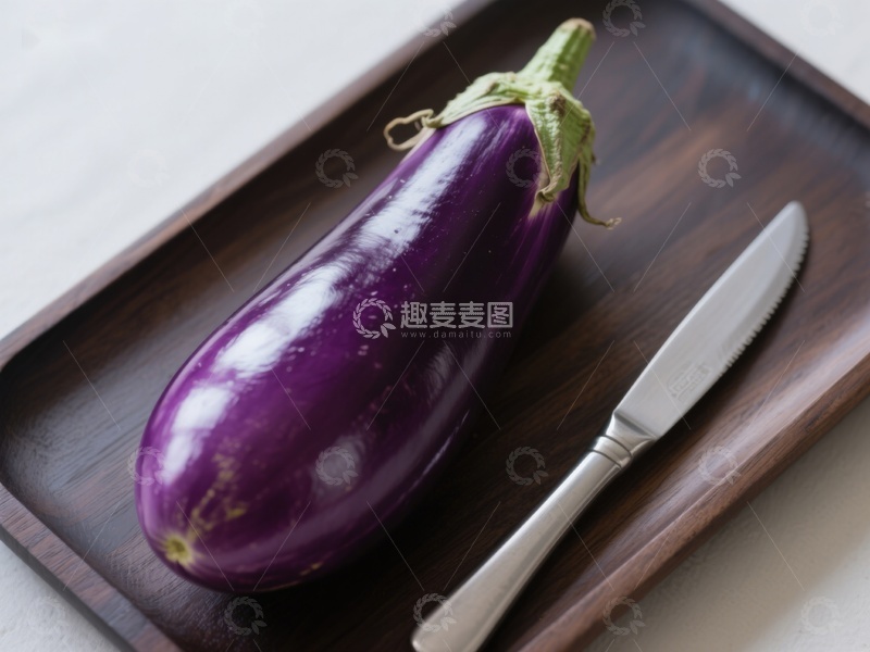 高清大图下载【趣麦麦图】紫色茄子与刀具置于木质托盘