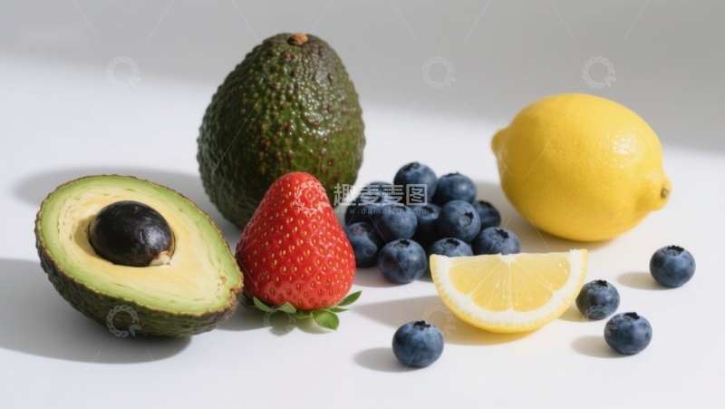 高清大图下载【趣麦麦图】新鲜水果组合：牛油果、草莓、蓝莓和柠檬