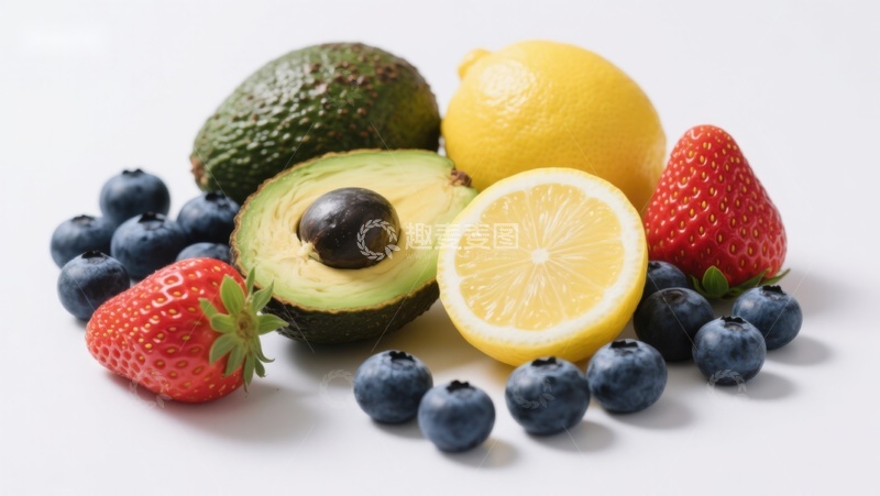 高清大图下载【趣麦麦图】新鲜水果组合：柠檬、草莓、蓝莓和牛油果