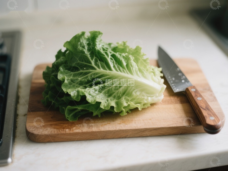 高清大图下载【趣麦麦图】生菜置于砧板上，旁边放有刀具