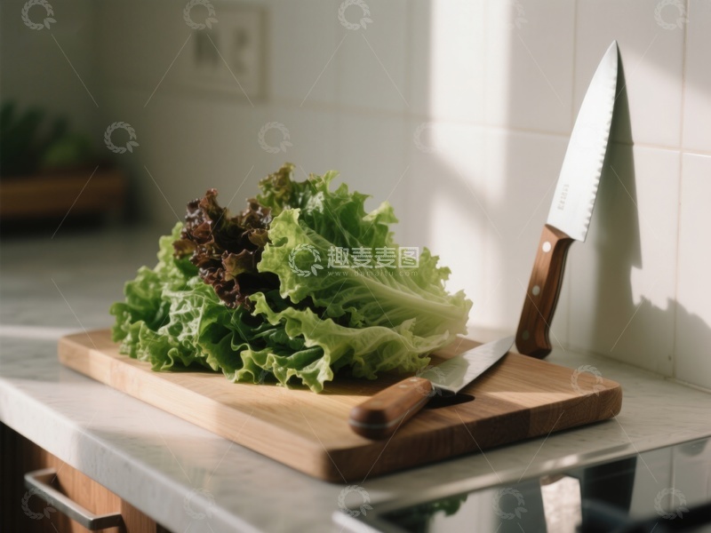 高清大图下载【趣麦麦图】生菜与刀具置于砧板上