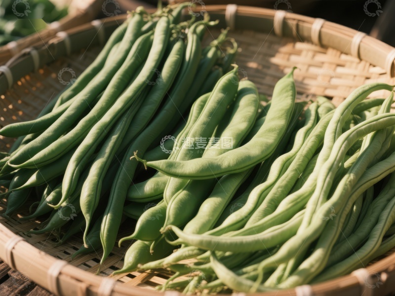 高清大图下载【趣麦麦图】新鲜绿色豆角置于竹篮中