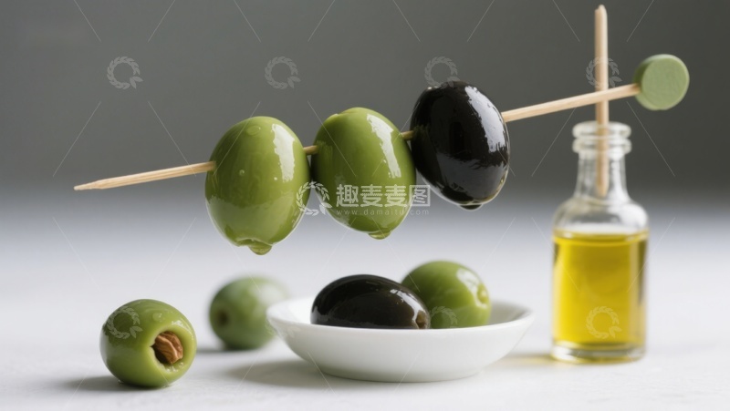 高清大图下载【趣麦麦图】橄榄串与橄榄油的静物组合