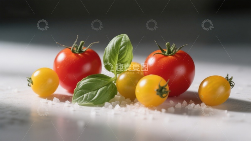 高清大图下载【趣麦麦图】新鲜番茄与罗勒叶的静物组合