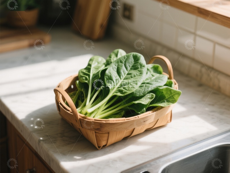 高清大图下载【趣麦麦图】厨房台面上的菠菜篮