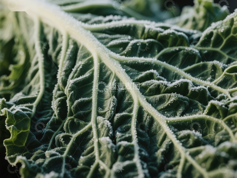 高清大图下载【趣麦麦图】霜冻覆盖的卷心菜叶特写
