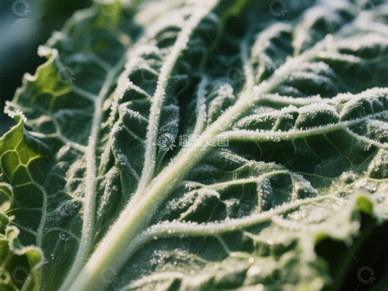 高清大图下载【趣麦麦图】霜冻覆盖的绿色菜叶特写