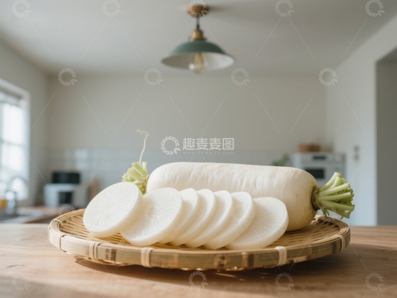 高清大图下载【趣麦麦图】新鲜白萝卜切片置于竹盘