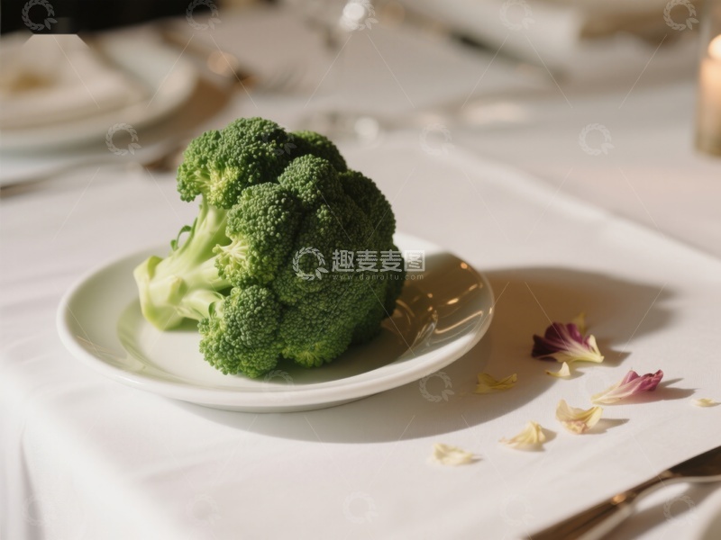 高清大图下载【趣麦麦图】盘中的西兰花与花瓣点缀