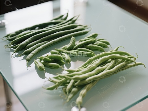 新鲜绿色豆角整齐排列于玻璃桌面