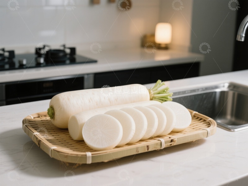 高清大图下载【趣麦麦图】新鲜白萝卜切片置于竹篮