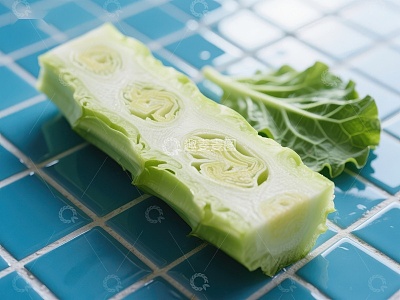 切片甘蓝菜心置于蓝色瓷砖上