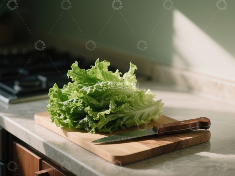 高清大图下载【趣麦麦图】生菜置于砧板之上，厨房光线柔和