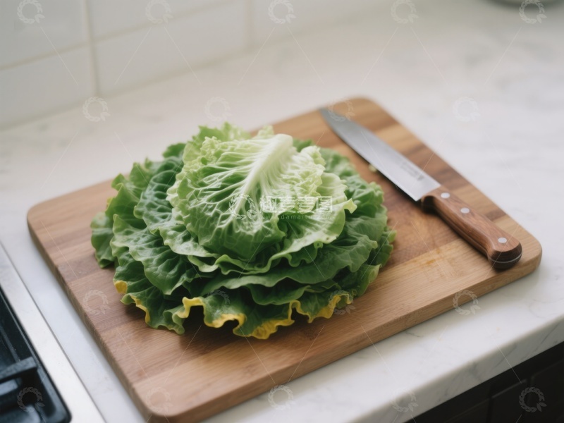 高清大图下载【趣麦麦图】生菜置于砧板上，旁配刀具