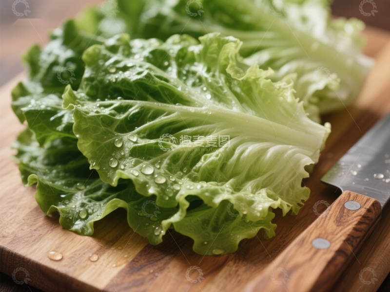 高清大图下载【趣麦麦图】新鲜生菜特写，砧板上的绿色美味