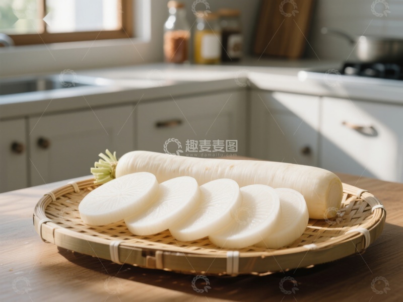 高清大图下载【趣麦麦图】新鲜白萝卜切片置于竹篮