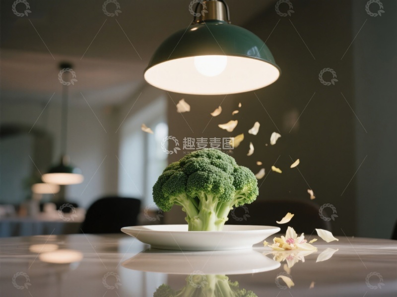 高清大图下载【趣麦麦图】餐桌上的西兰花与飘落花瓣