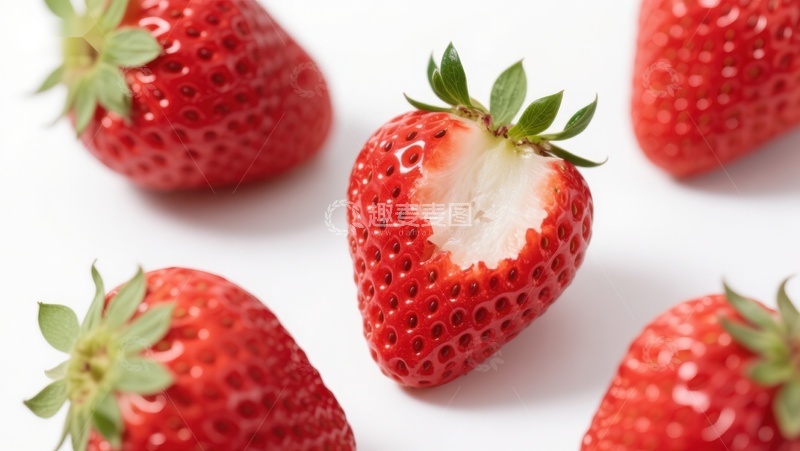 高清大图下载【趣麦麦图】新鲜草莓特写，一颗被咬一口