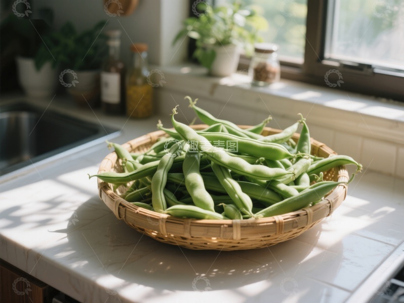 高清大图下载【趣麦麦图】厨房台面上的绿色豆荚