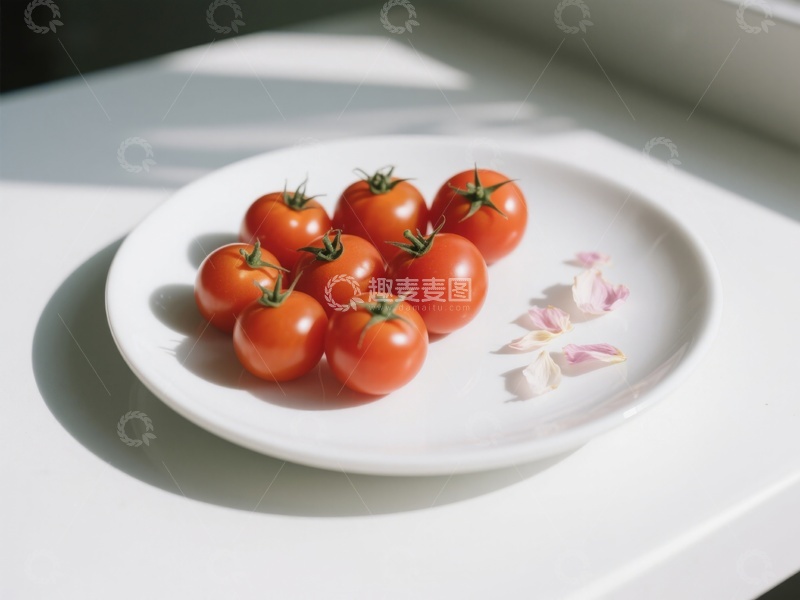 高清大图下载【趣麦麦图】盘中樱桃番茄与花瓣的静谧组合