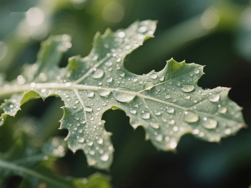 雨滴点缀的绿叶特写