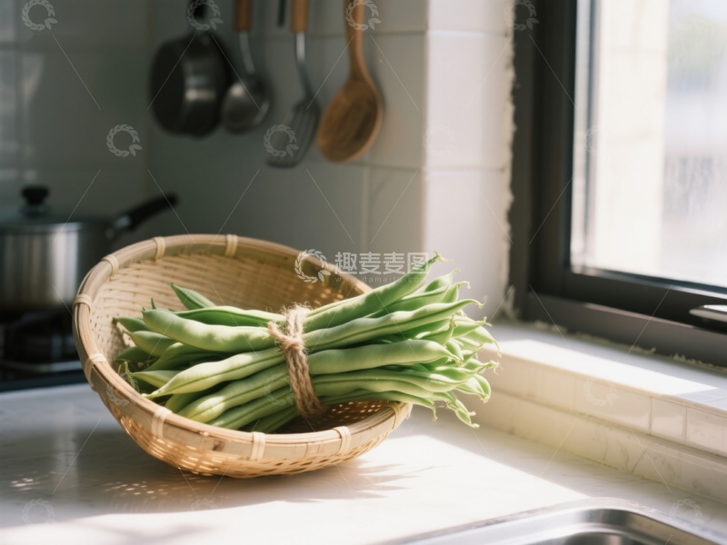 高清大图下载【趣麦麦图】窗边竹篮里的新鲜四季豆