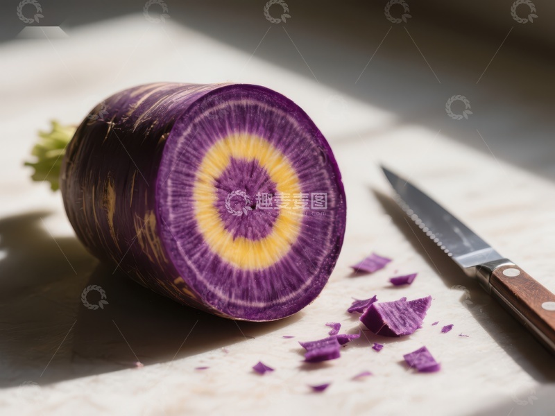 高清大图下载【趣麦麦图】切开的紫色萝卜，展示独特黄色环纹