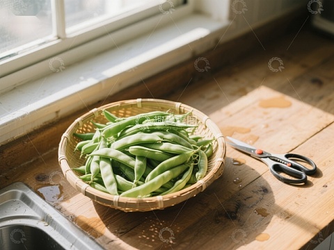 窗边木桌上的一篮新鲜豆角