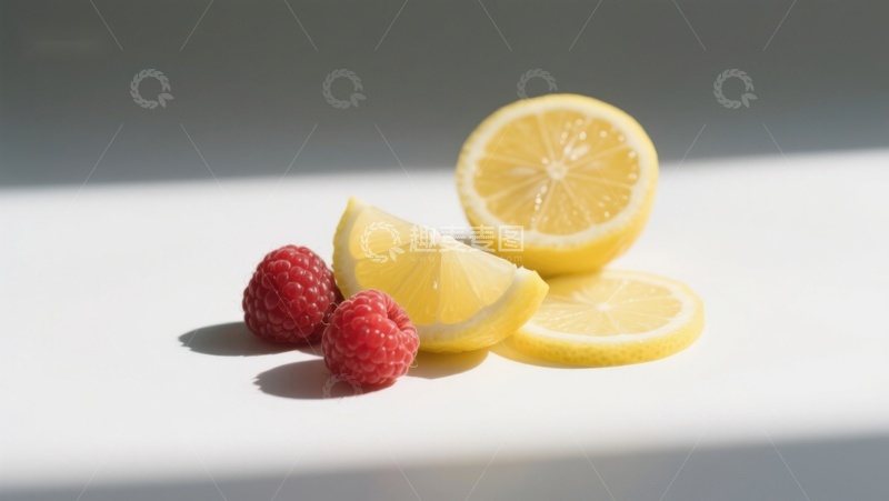 高清大图下载【趣麦麦图】柠檬切片与覆盆子的静物组合
