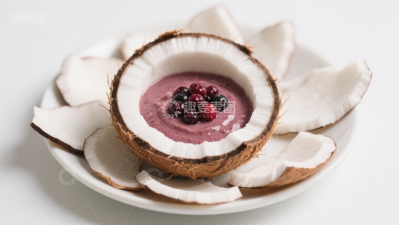 高清大图下载【趣麦麦图】椰壳中的莓果奶昔