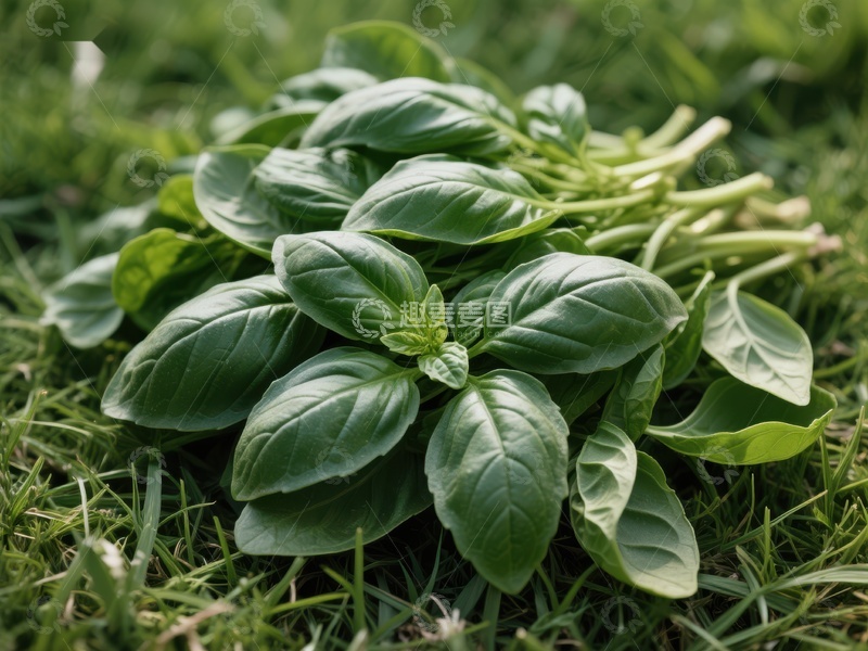 高清大图下载【趣麦麦图】新鲜罗勒叶在草地上的特写