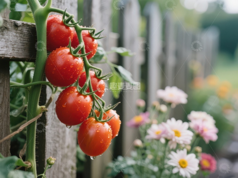 高清大图下载【趣麦麦图】藤蔓上的鲜红番茄与木栅栏