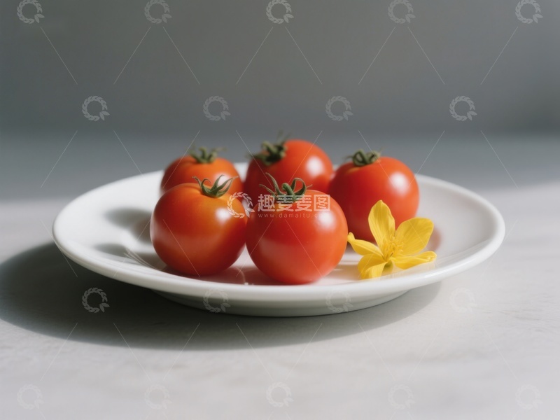 高清大图下载【趣麦麦图】盘中樱桃番茄与黄色花朵