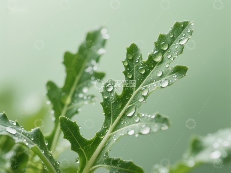 雨滴点缀的绿叶特写