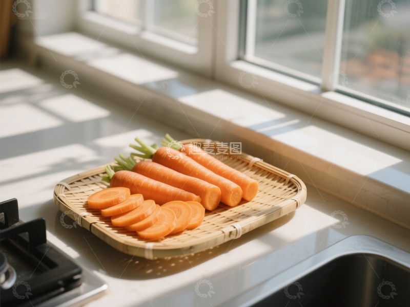 高清大图下载【趣麦麦图】窗边竹盘上的胡萝卜